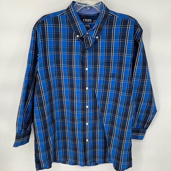 Chaps Mens Blue Plaid Button-Down Shirt XL Stretch Easy‎ Care - Picture 1 of 6